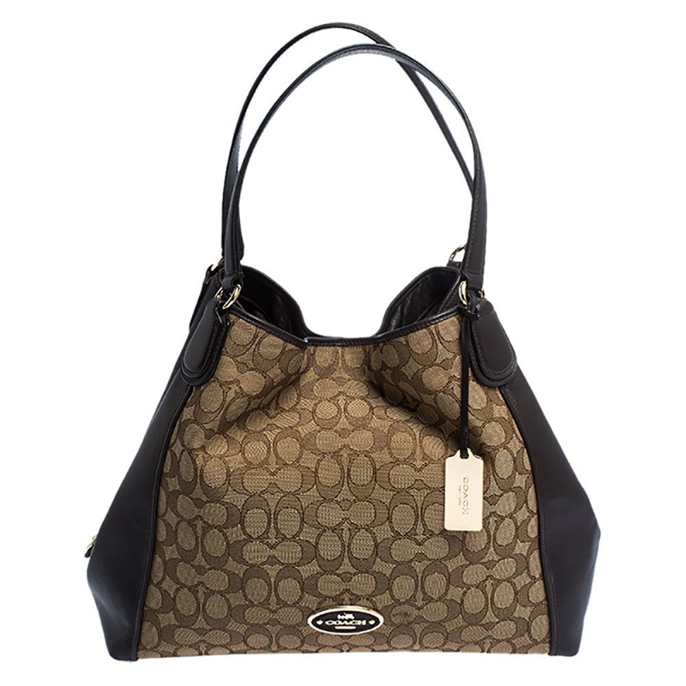Pre Owned Coach Beige and Brown Signature Canvas and Leather Edie Tote