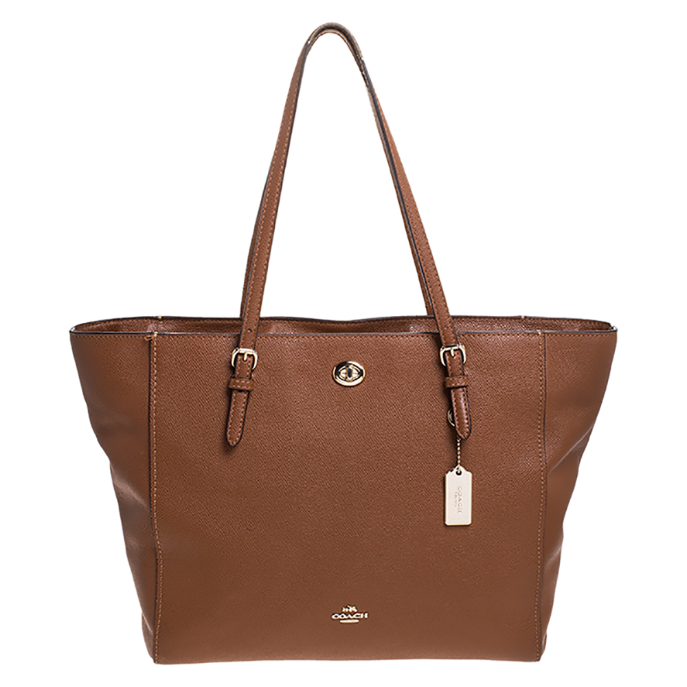 Pre Owned Coach Brown Leather Turn Lock Top Zip Tote