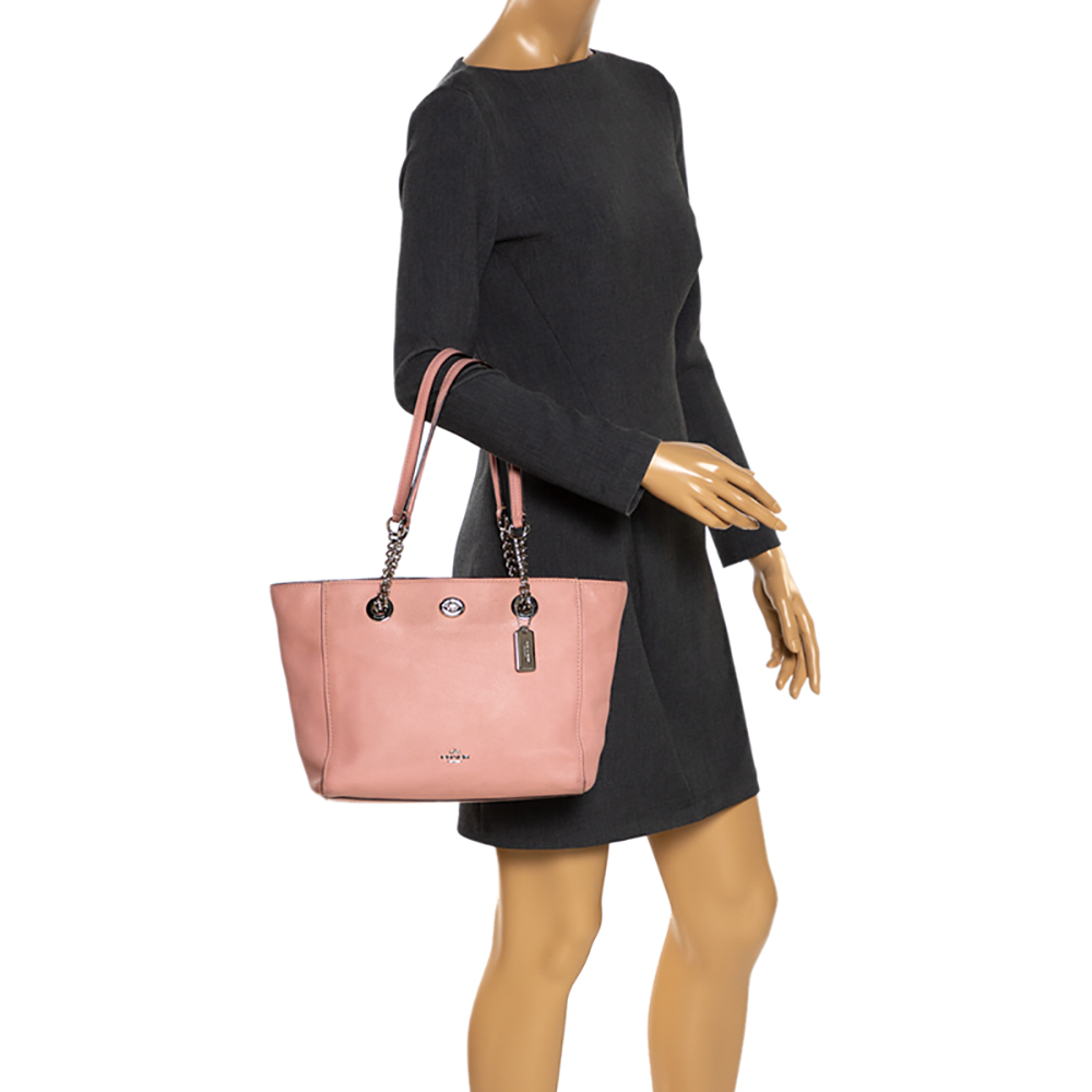 

Coach Pink Leather Turn Lock Top Zip Tote