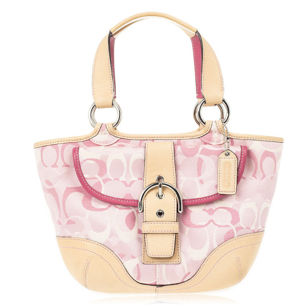 Pre Owned Coach Pink Monogram and Beige Leather Small Tote