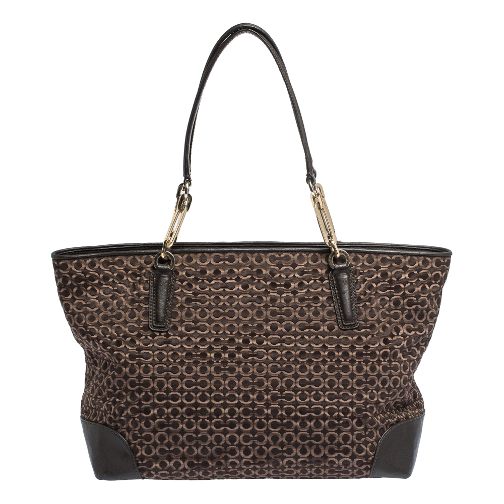 Coach Brown Signature Canvas and Leather Needlepoint Shopper Tote