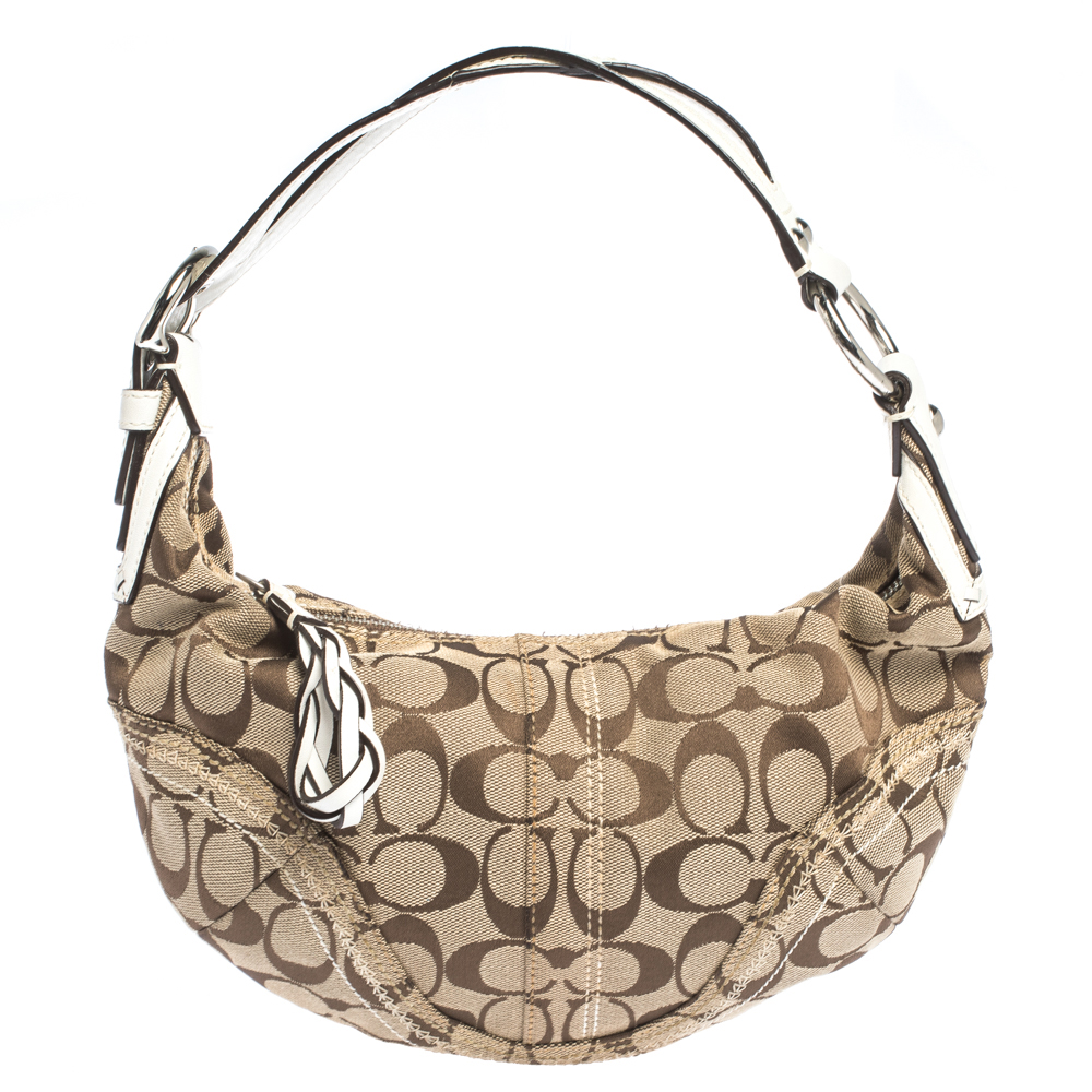 Pre Owned Coach Beige/White Signature Canvas and Leather Criss Cross Handle Hobo