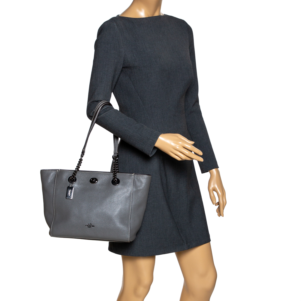

Coach Grey Leather Turnlock Chain Tote