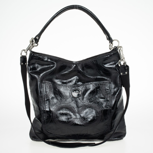Pre Owned Coach Signature Stripe Black Leather Multifunction Diaper Tote