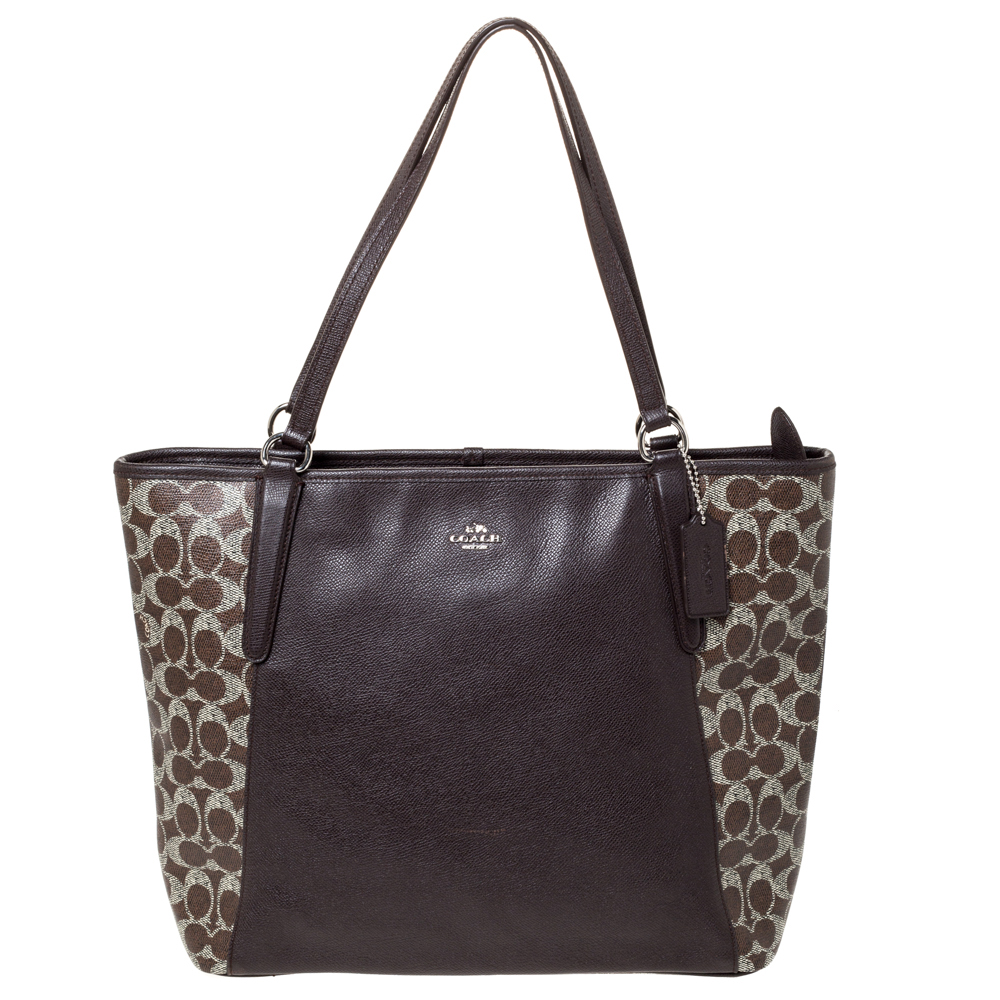 Pre Owned Coach Brown Signature Coated Canvas Top Zip Tote