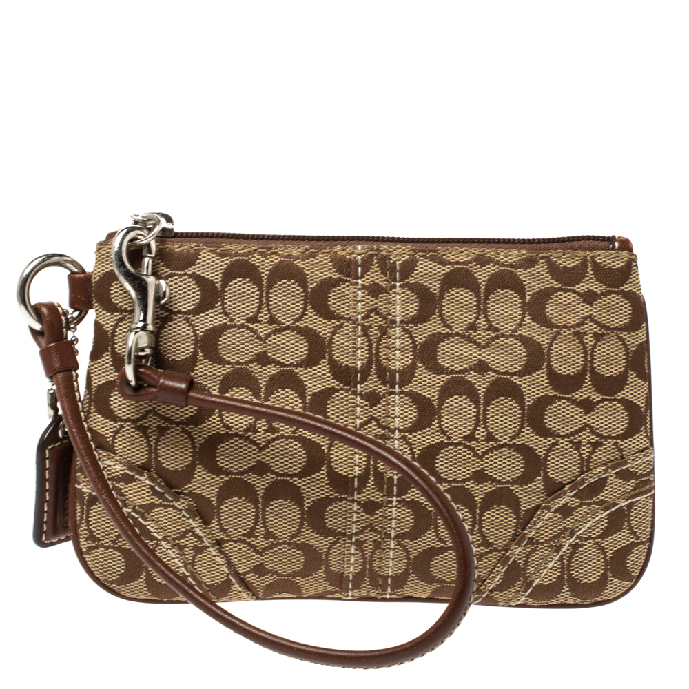 Coach Brown/Beige Signature Canvas and Leather Wristlet Clutch