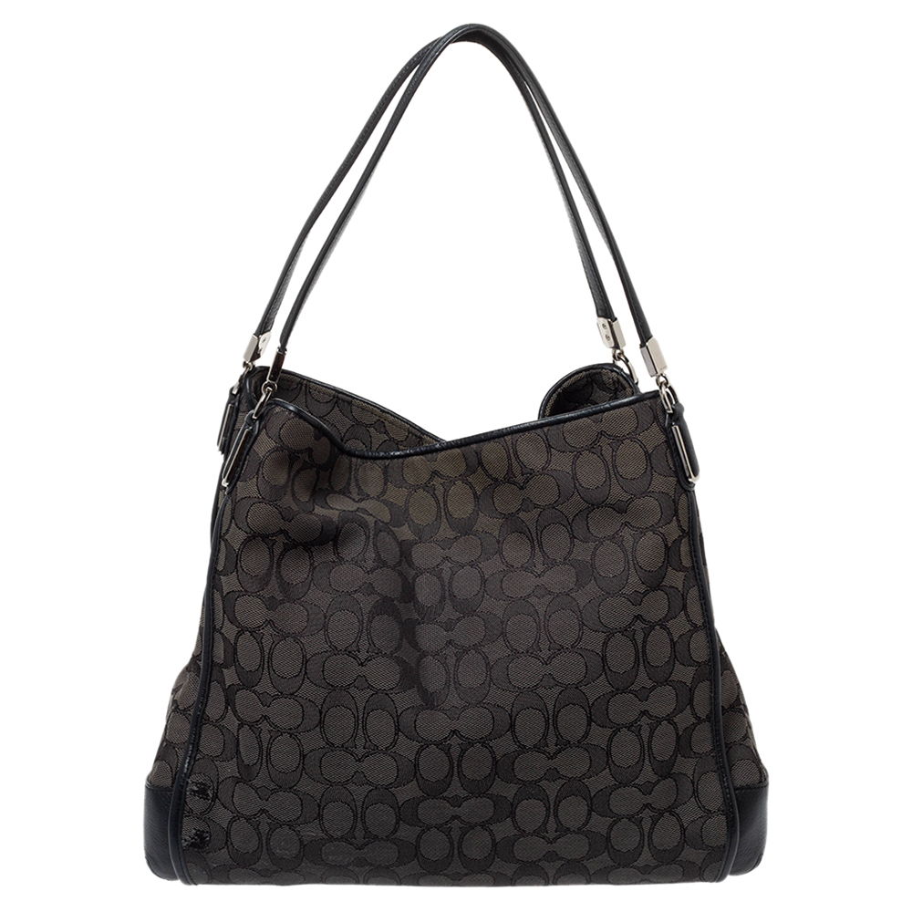 COACH BLACK SIGNATURE CANVAS AND LEATHER EDIE HOBO