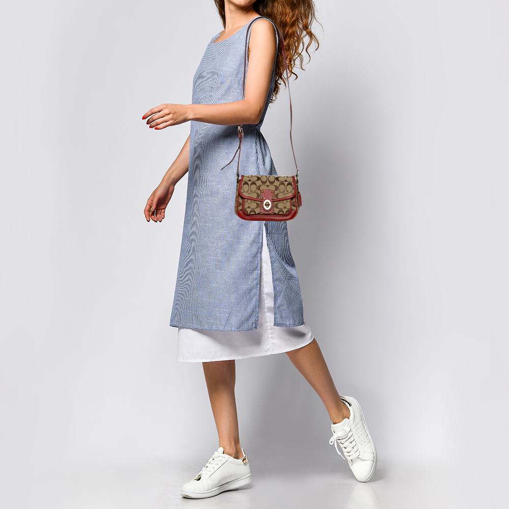 

Coach Beige/Red Signature Canvas and Leather Turnlock Crossbody Bag
