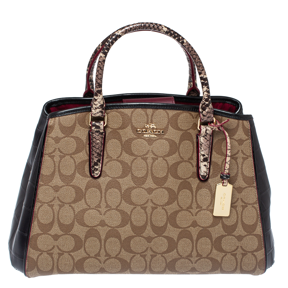 Pre Owned Coach Tricolor Signature Coated Canvas/ Croc Embossed Leather Sage Carryall Satchel