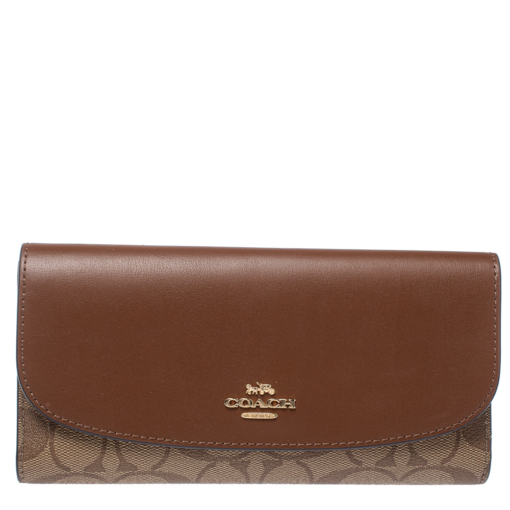 Coach Brown Signature PVC and Leather Saddle Flap Continental Wallet