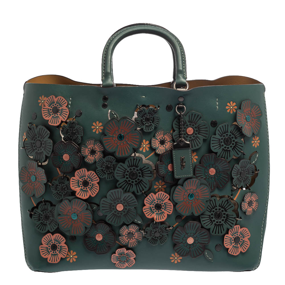 

Coach Dark Green Floral Appliqué Leather Rogue Tote