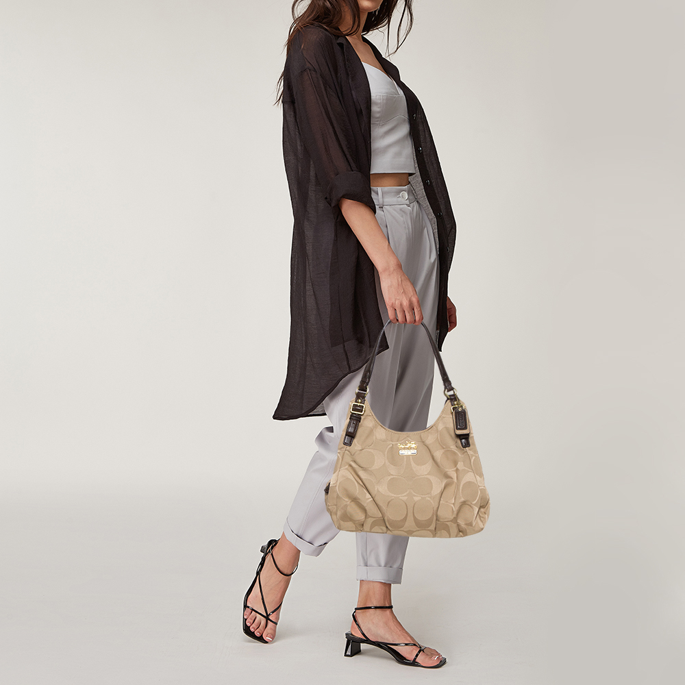 

Coach Beige/Brown Signature Canvas and Leather Madison Maggie Hobo