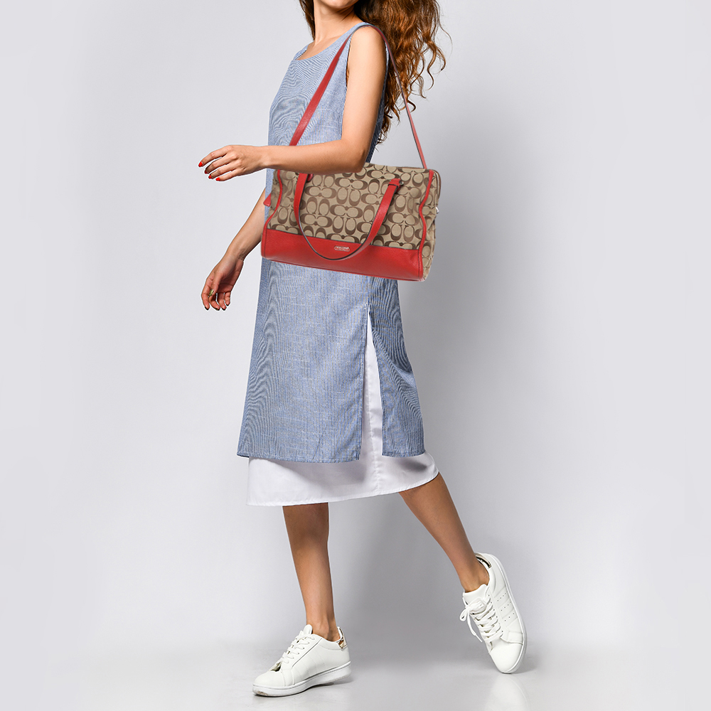 

Coach Red/Beige Signature Canvas and Leather Satchel