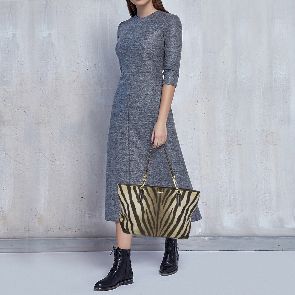 

Coach Green/Brown Zebra Print Canvas and Leather Madison Tote