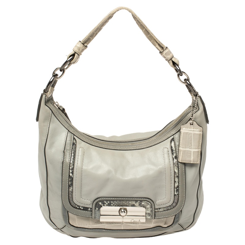 Pre-owned Coach Grey Python And Croc Embossed And Leather Kristin Hobo