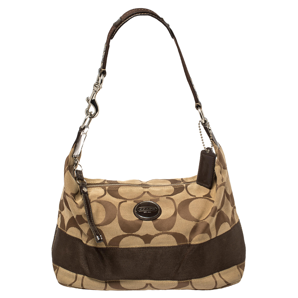 Pre-owned Coach Brown Monogram Canvas And Patent Leather Hobo