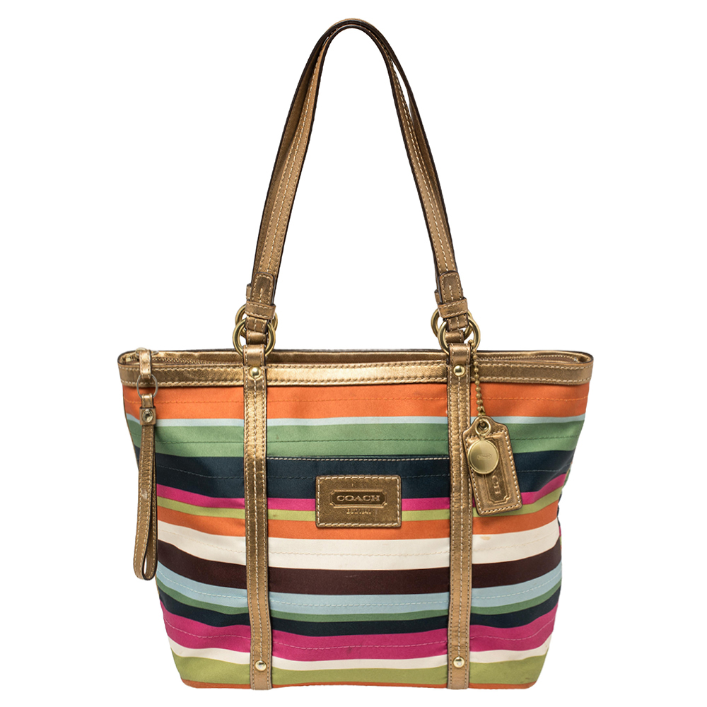 Pre-owned Coach Multicolour Satin And Leather Striped Legacy Tote In Multicolor