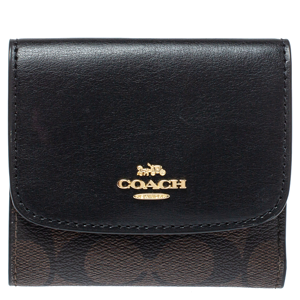 Pre-owned Coach Brown/black Coated Canvas And Leather Trifold Wallet