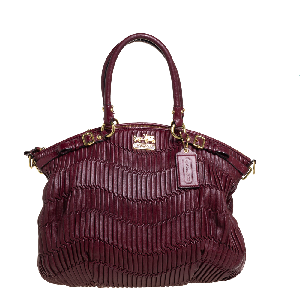 Pre-owned Coach Burgundy Pleated Leather Sophia Madison Satchel