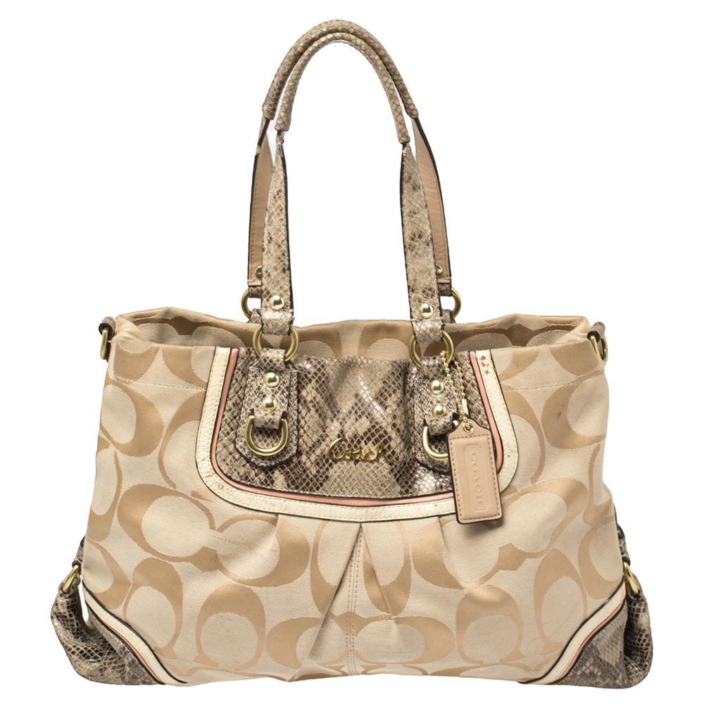 Pre-owned Coach Beige Signature Canvas And Python Embossed Leather Ashley Tote