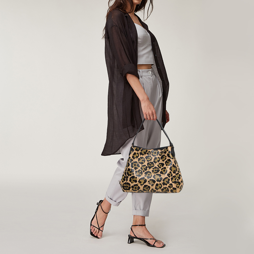 

Coach Black/Brown Leopard Print Leather Edie Shoulder Bag