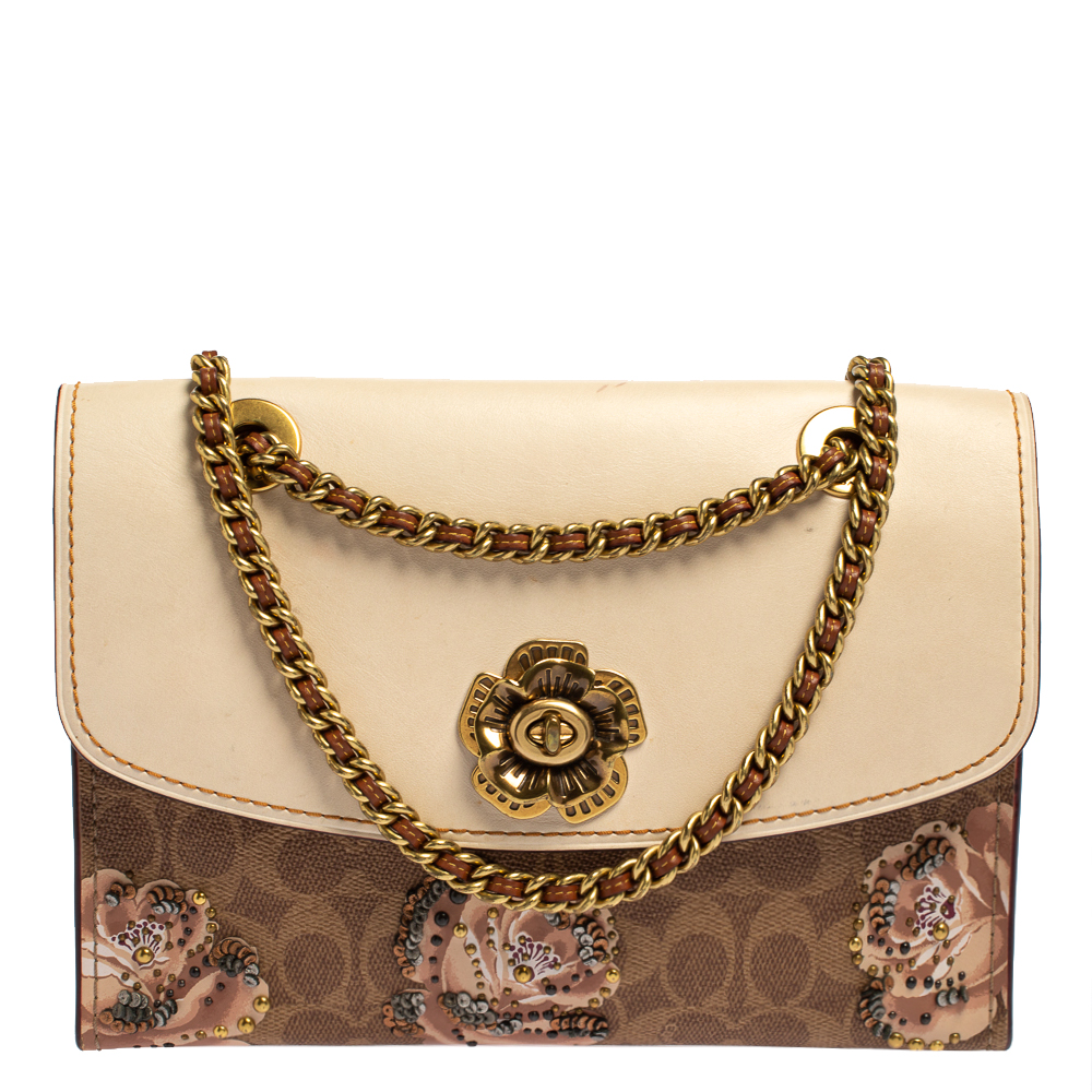 Pre-owned Coach Brown/beige Prairie Floral Print Signature Coated Canvas And Leather Shoulder Bag