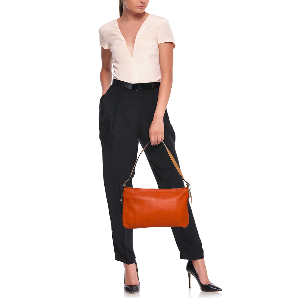 

Coach Orange/Beige Leather Zip Slim Shoulder Bag