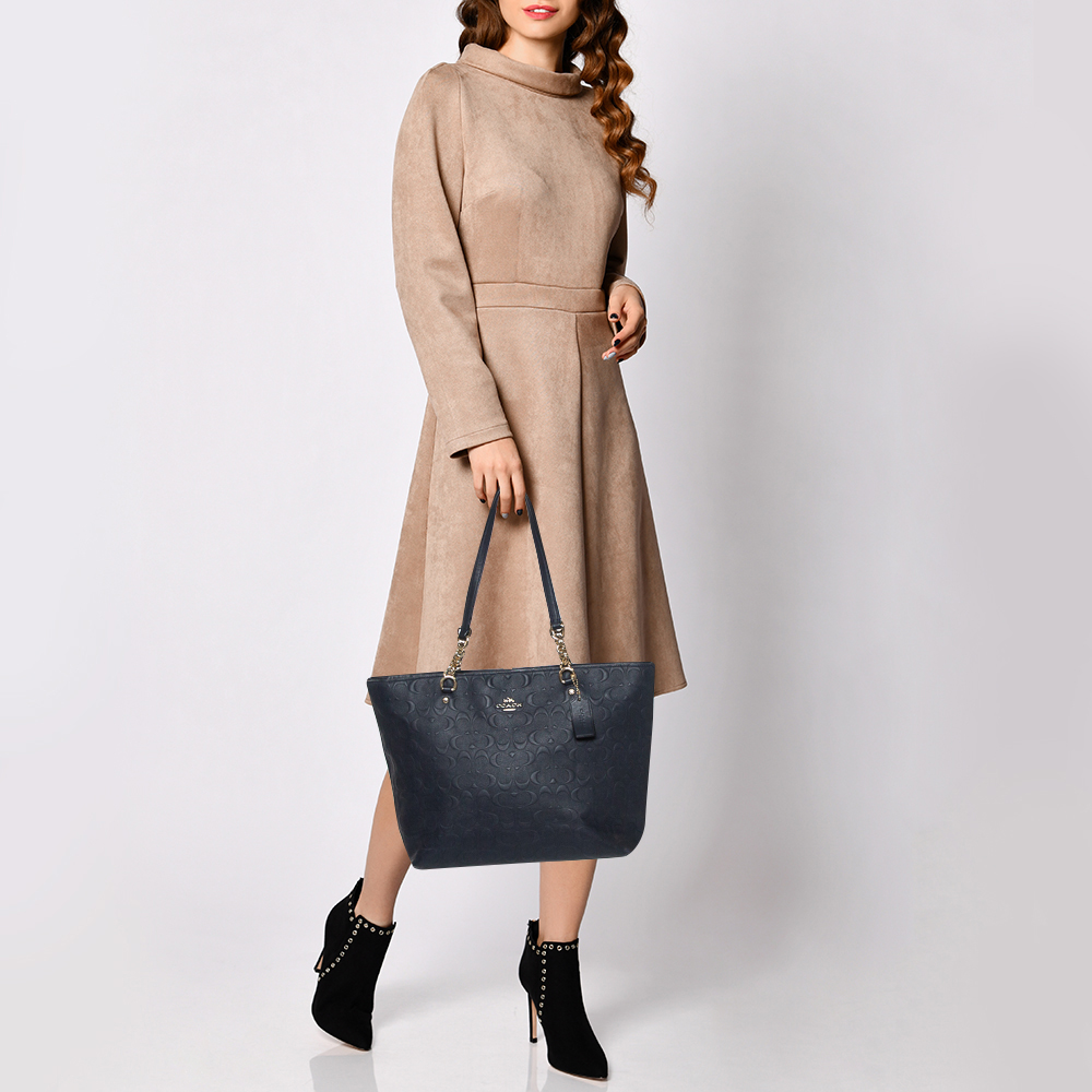 

Coach Navy Blue Embossed Leather Sophia Chain Tote