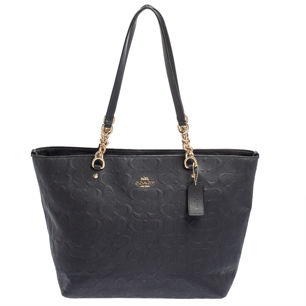 Pre-owned Coach Navy Blue Embossed Leather Sophia Chain Tote
