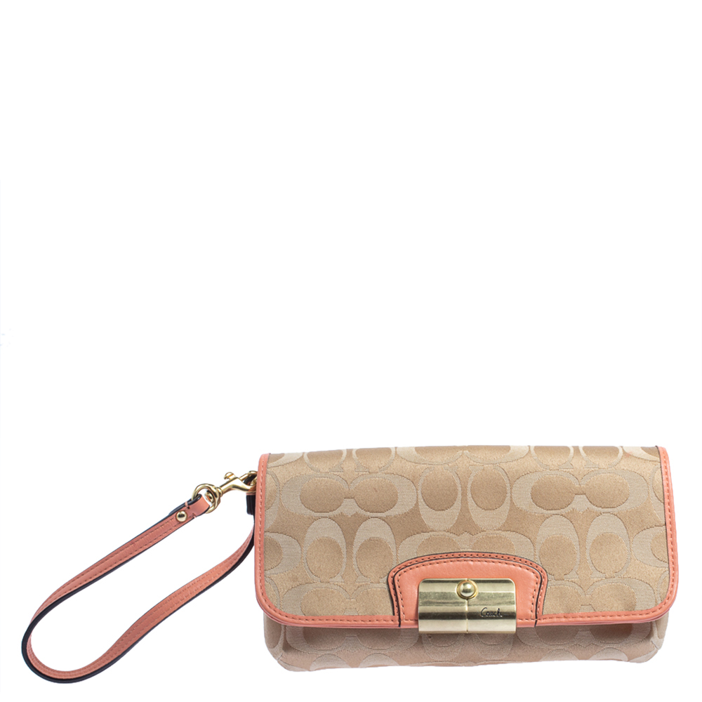 Pre-owned Coach Beige/orange Signature Canvas And Leather Wristlet Clutch