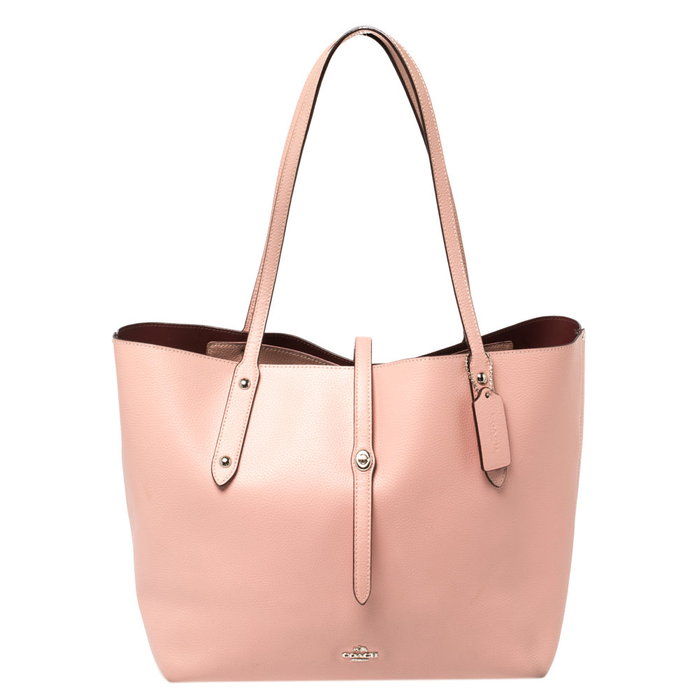 Pre-owned Coach Pink Leather Large Market Shopper Tote