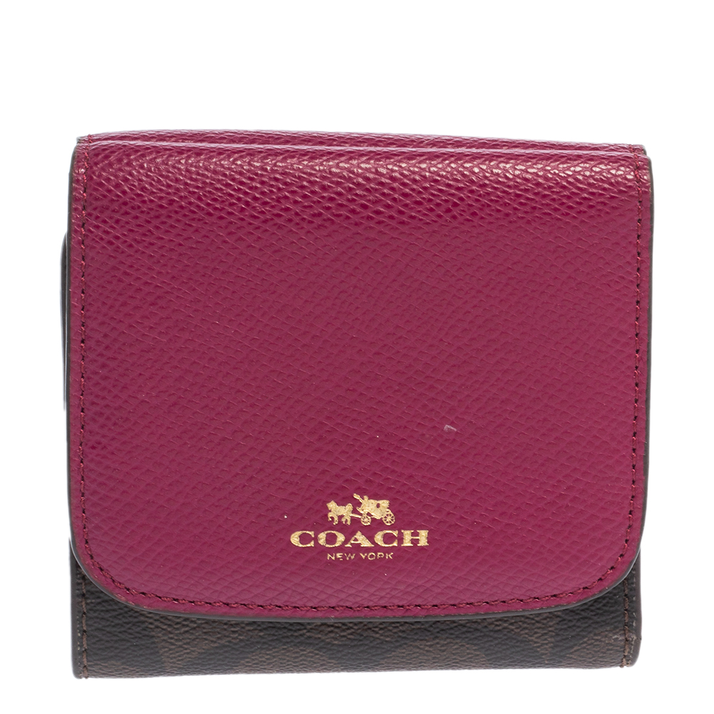 Pre-owned Coach Brown/fuchsia Coated Canvas And Leather Trifold Wallet ...