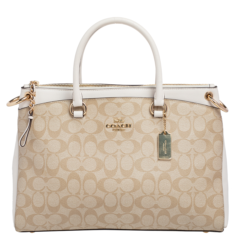 Pre-owned Coach Beige/white Signature Coated Canvas And Leather Mia Satchel