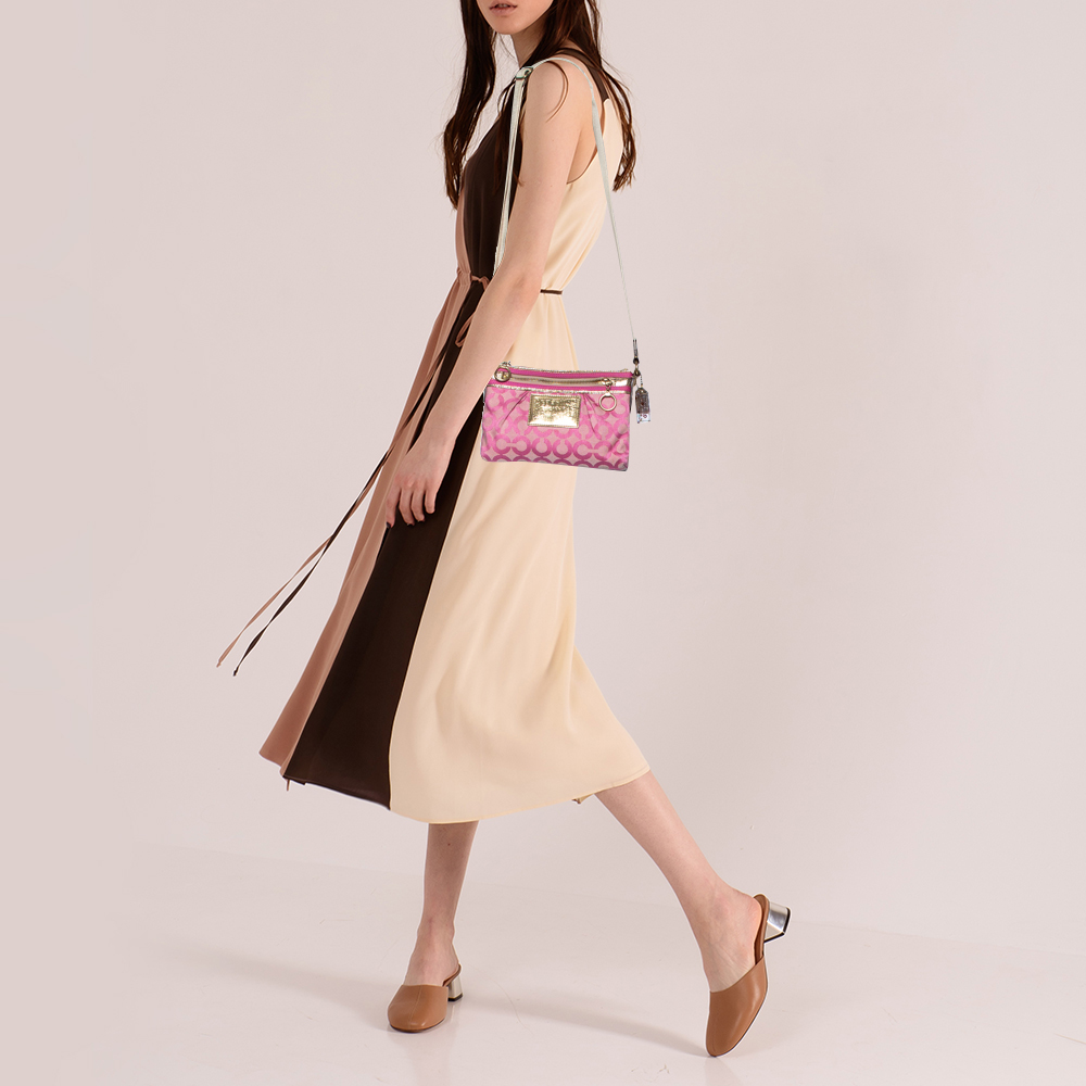 

Coach Pink/Gold Signature Canvas and Leather Shoulder Bag