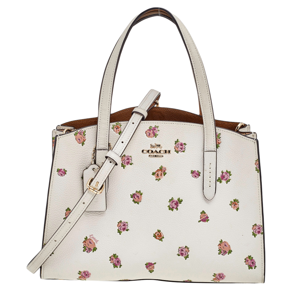 Pre-owned Coach Multicolor Floral Print Leather Charlie Carryall 28 Bag In Cream
