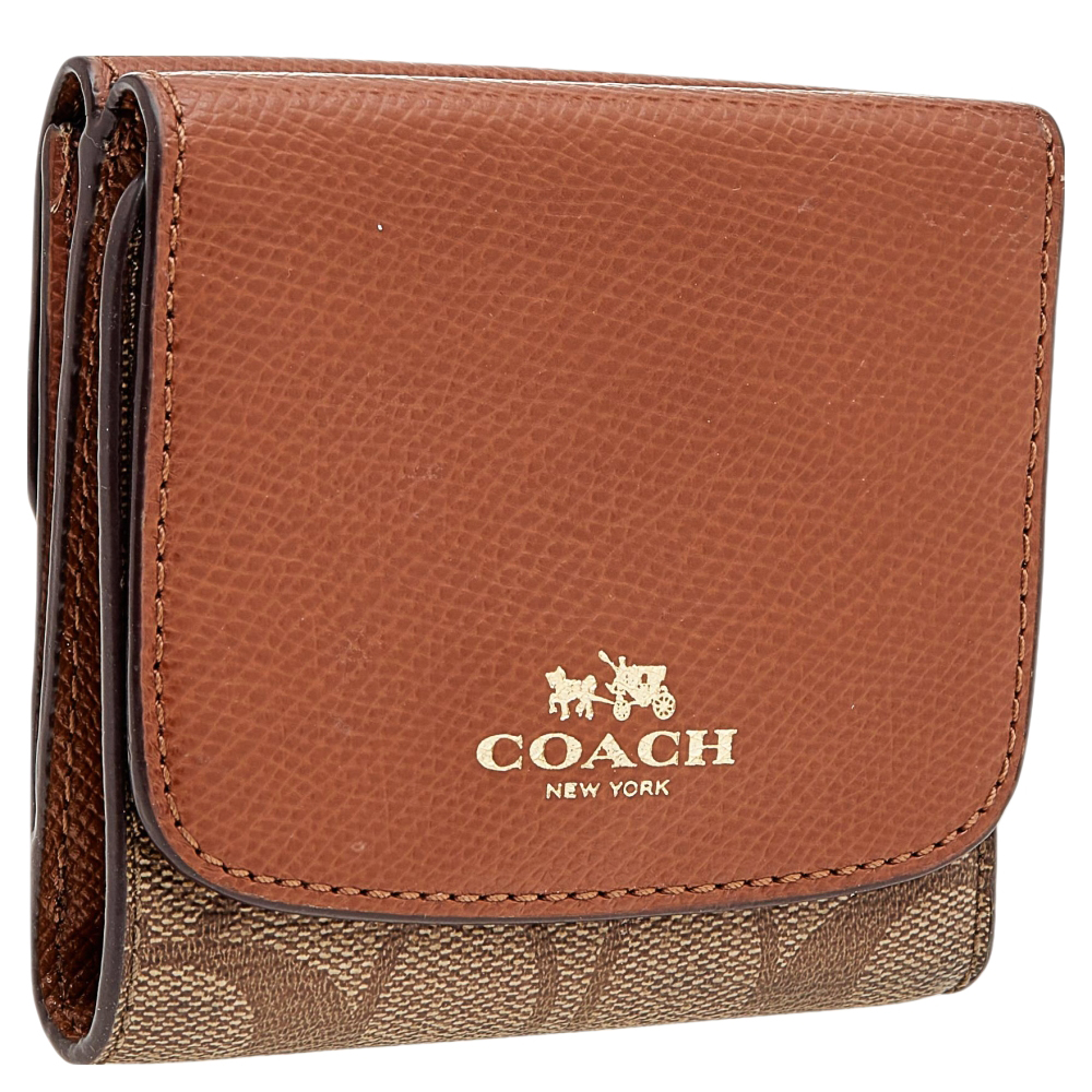 

Coach Brown Signature Coated Canvas and Leather Trifold Wallet