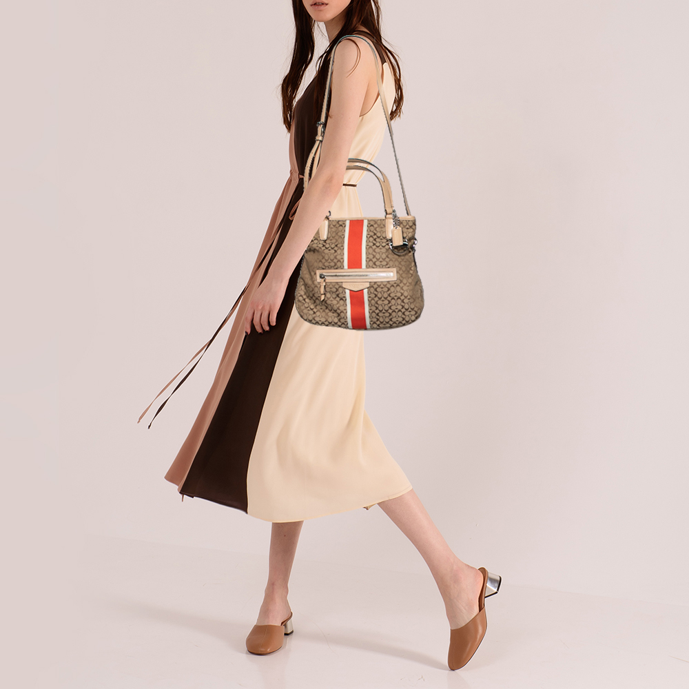 

Coach Beige/Brown Signature Canvas And Leather Web Detail Tote