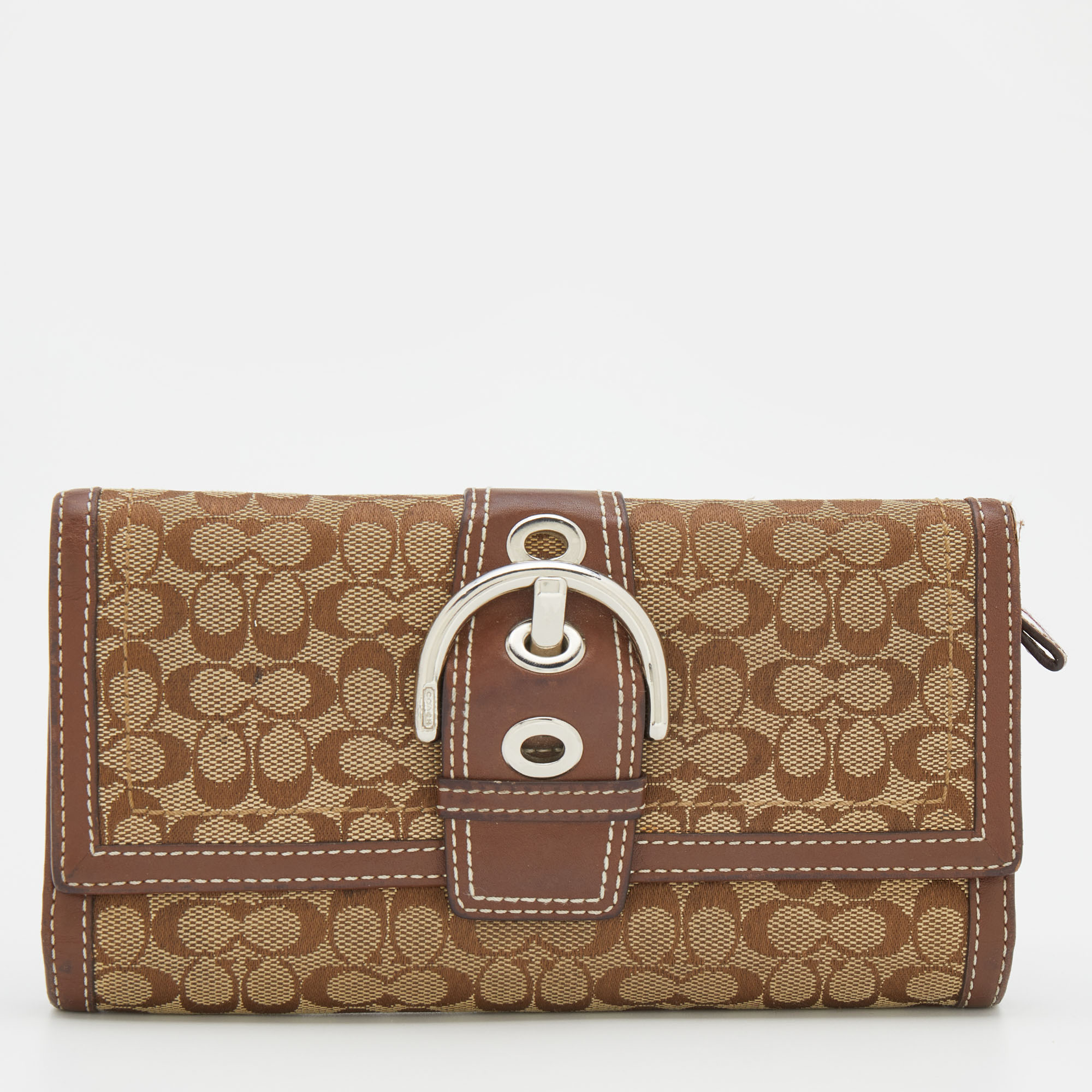 

Coach Beige/Brown Signature Canvas and Leather Buckle Detail Continental Wallet