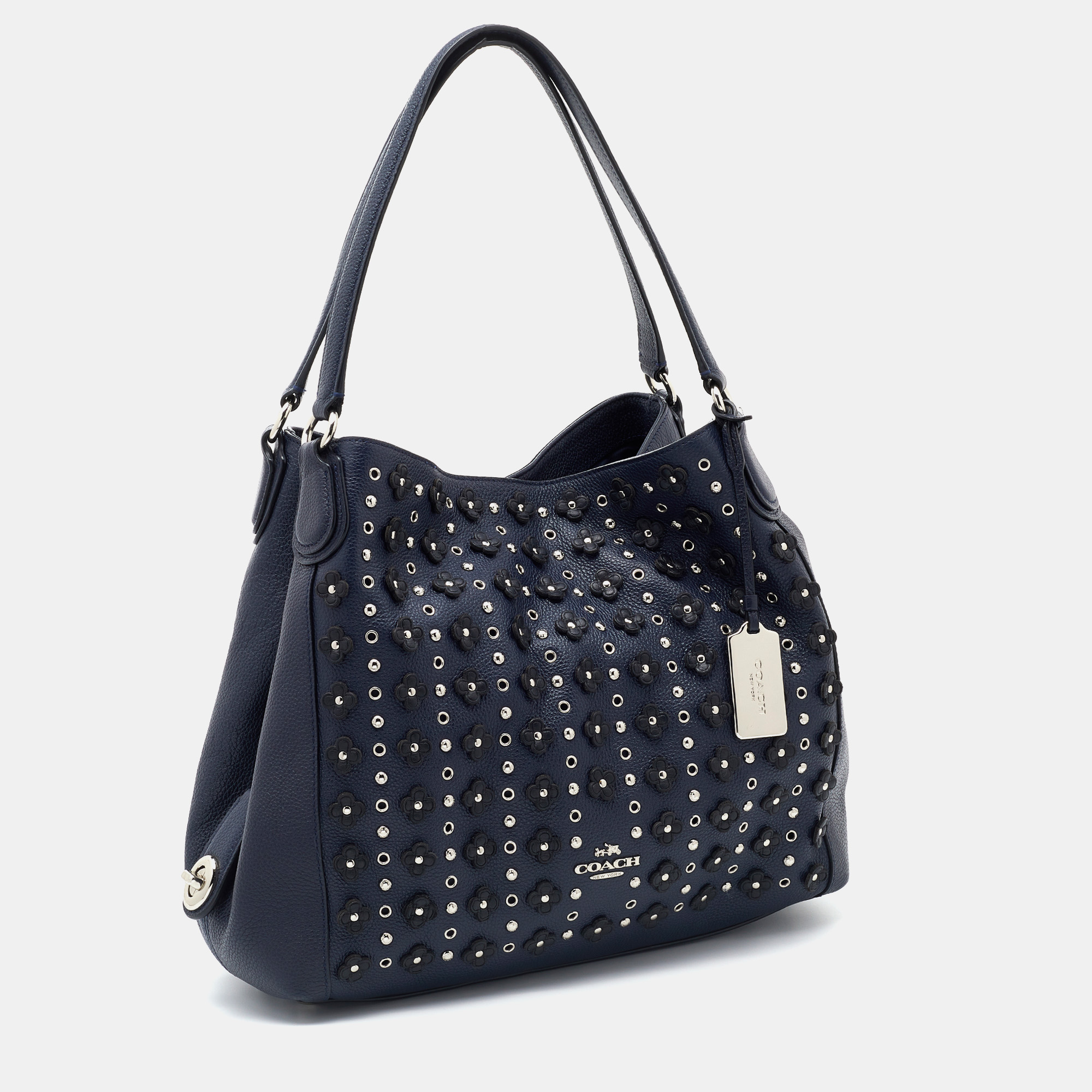 

Coach Blue Pebbled Floral Rivets Leather Edie 31 Shoulder Bag, Navy blue