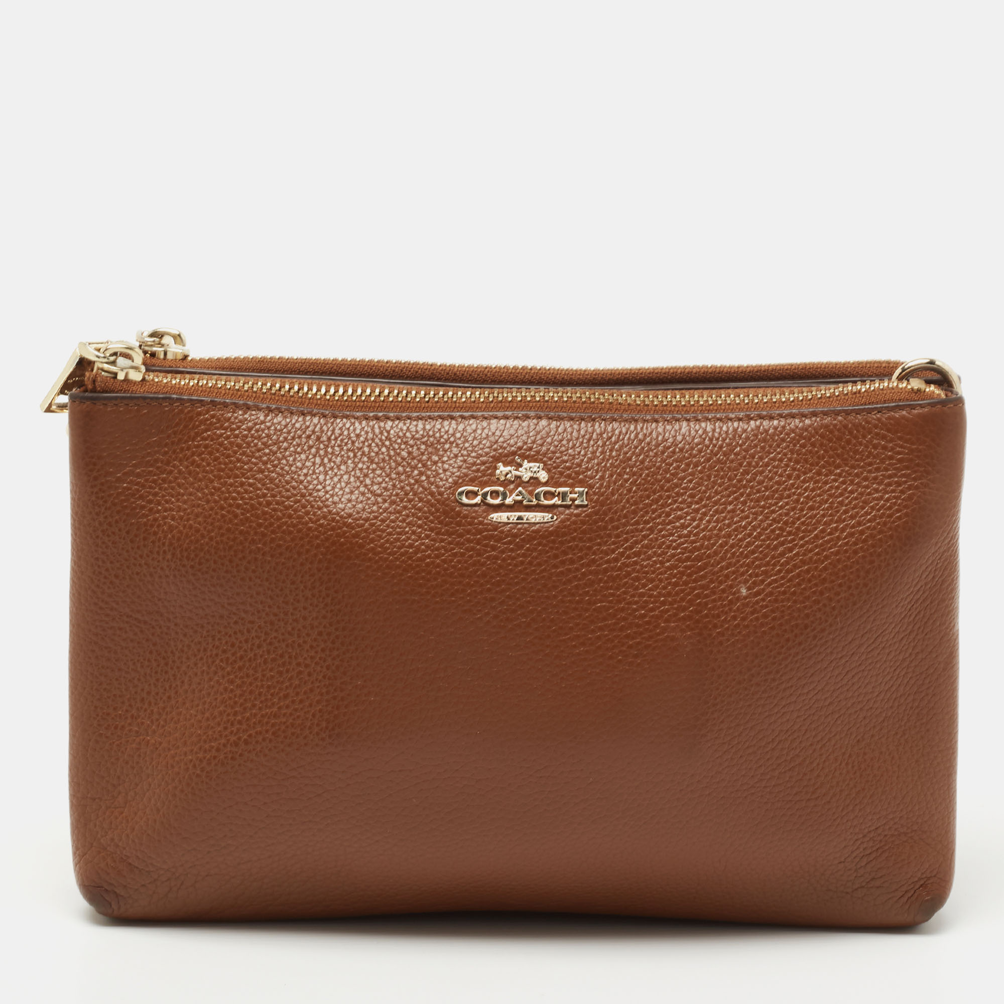 Pre-owned Coach Brown Leather Double Zip Clutch