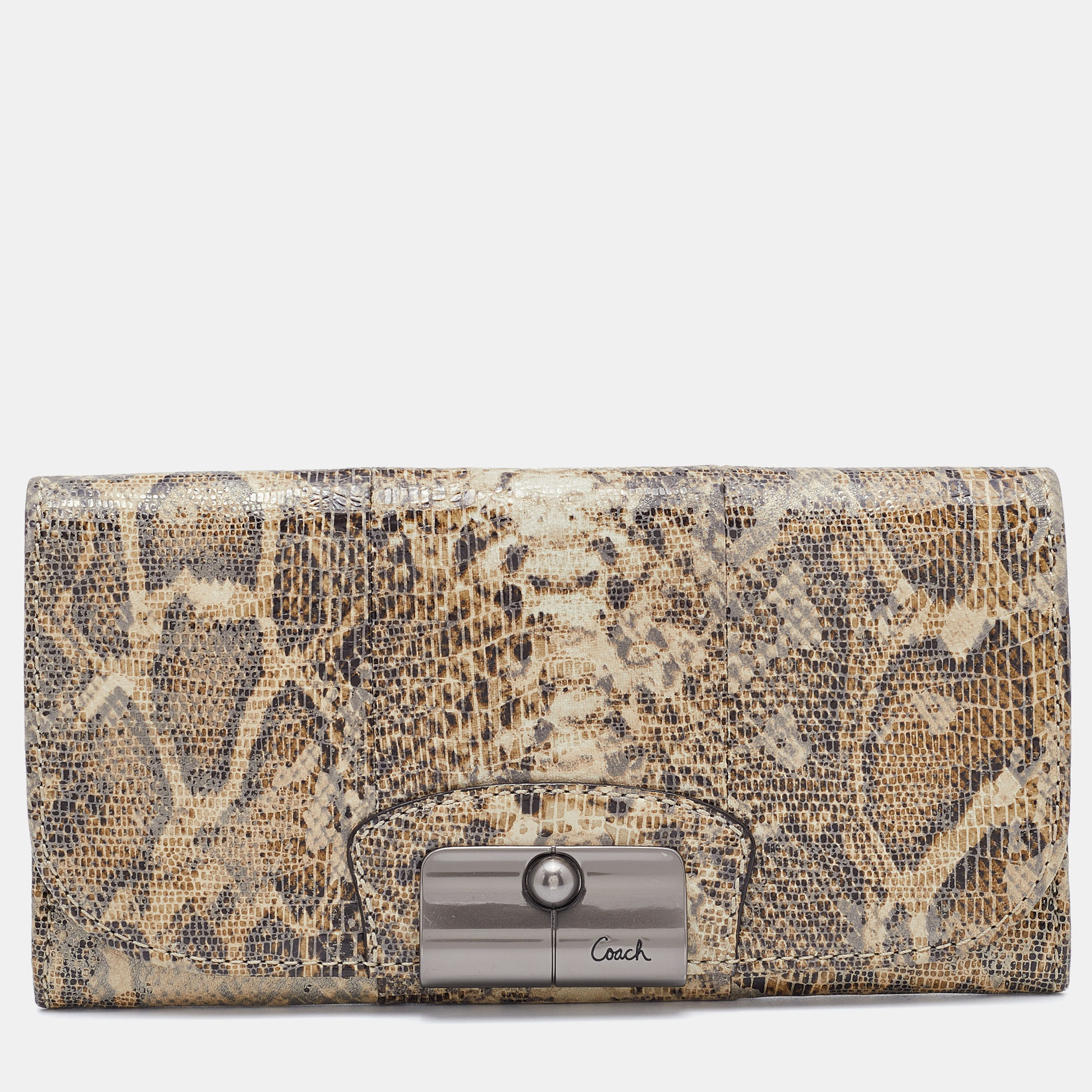 Pre-owned Coach Brown/beige Python Embossed Leather Flap Continental Wallet