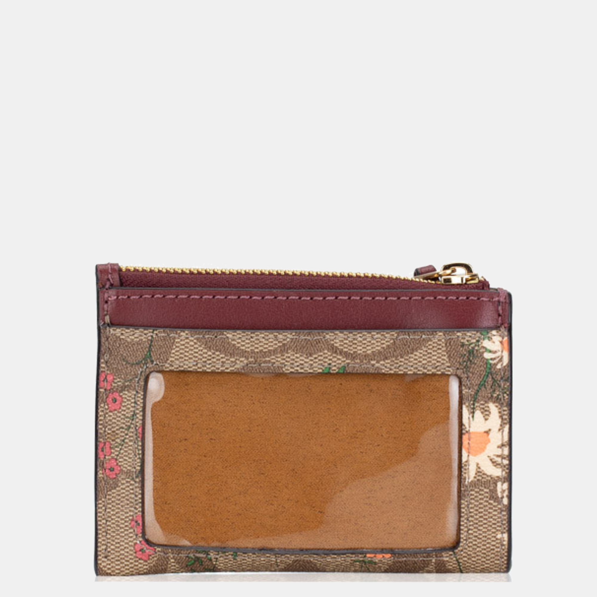 

Coach Brown/Burgundy Signature Floral Print Coated Canvas and Leather Zip Skinny ID Case