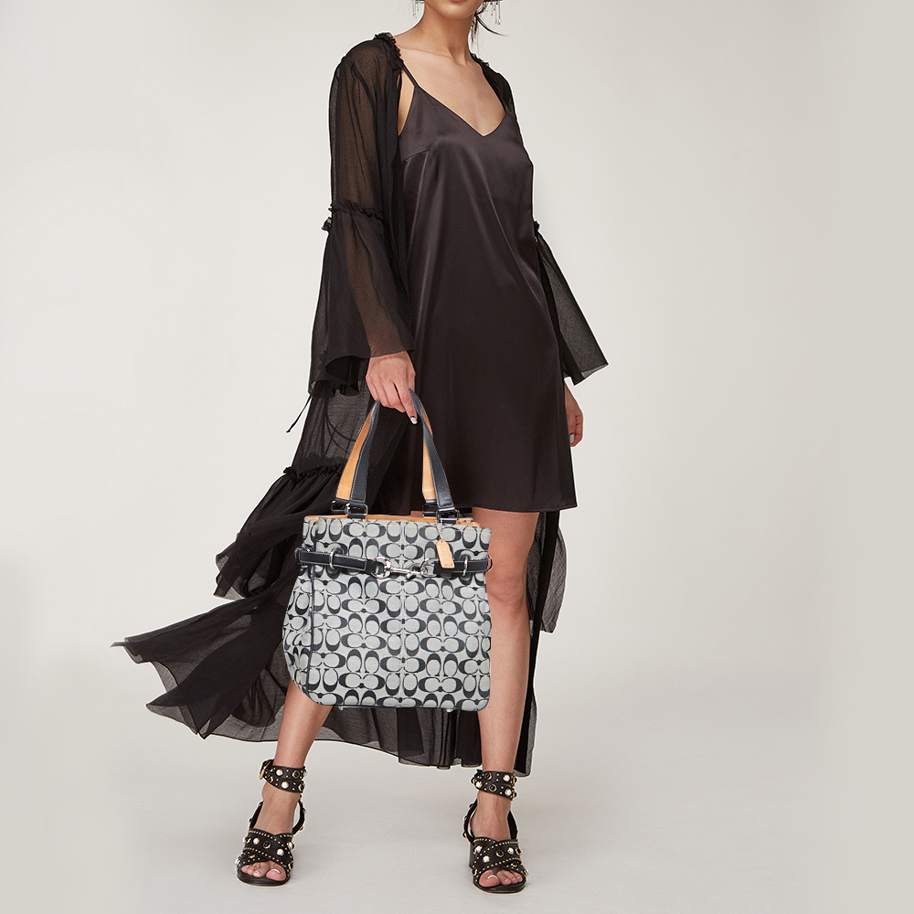 

Coach Black Signature Canvas and Leather Buckle Tote