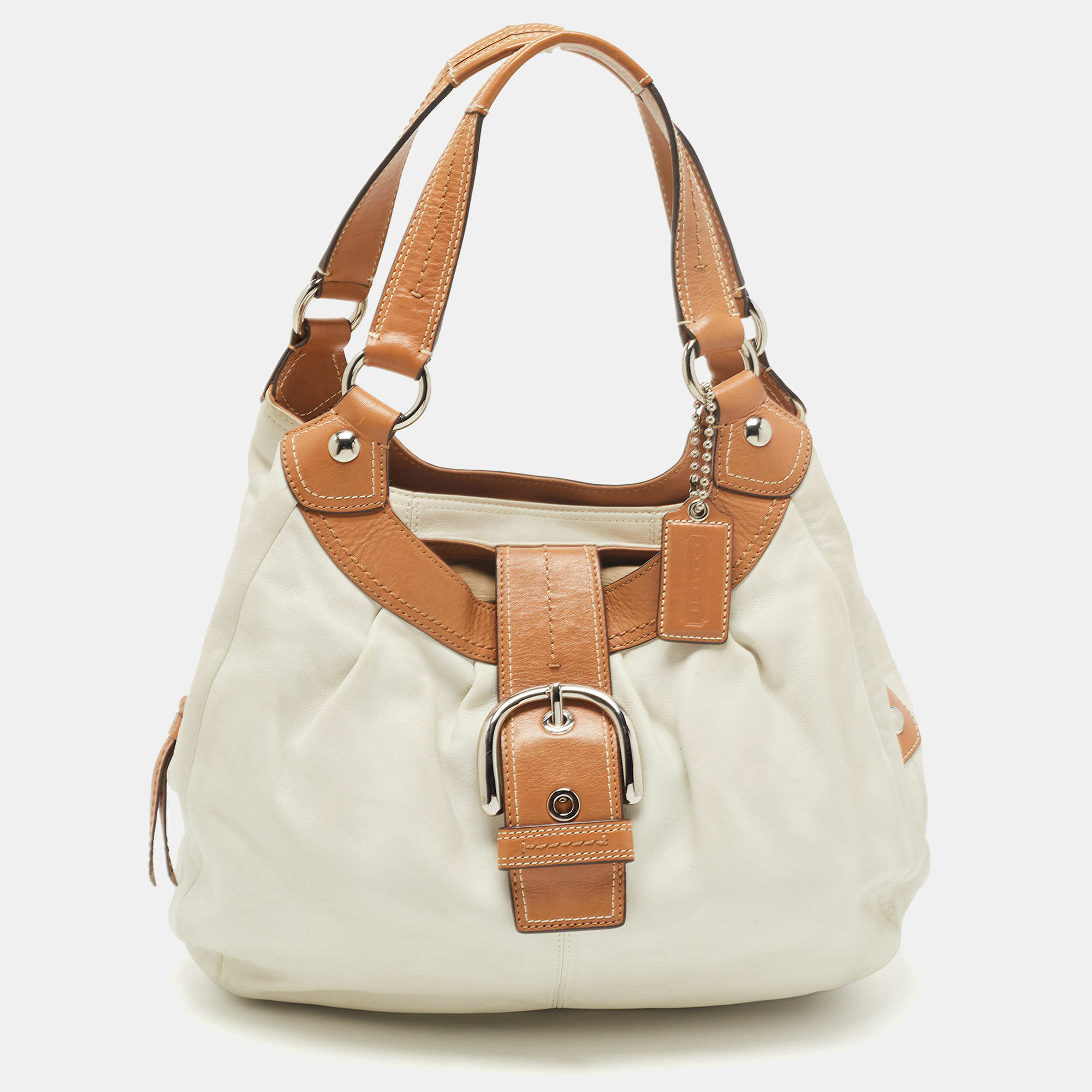 Pre-owned Coach White/brown Canvas And Leather Large Soho Hobo In Grey