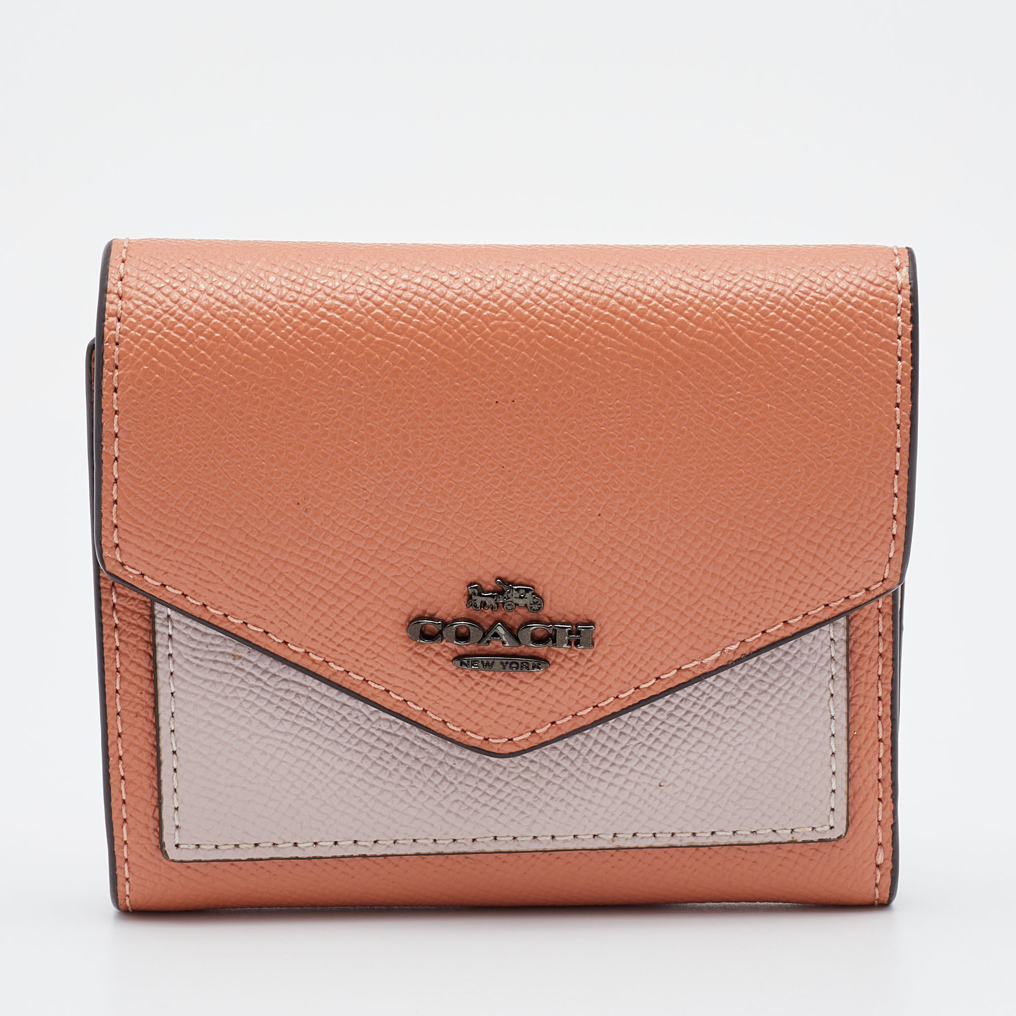 Pre-owned Coach Pastel Orange/pink Leather Colorblock Trifold Wallet