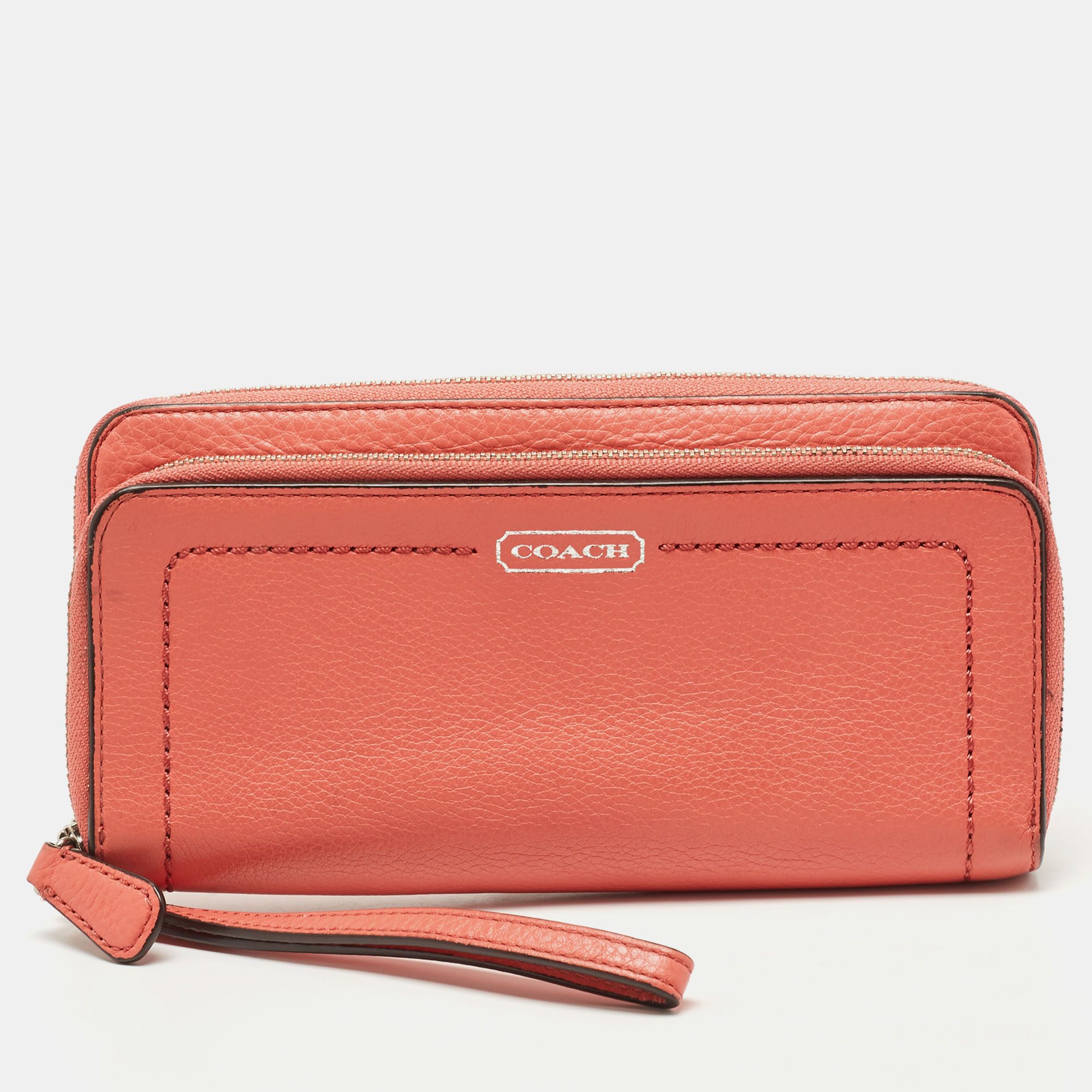 Pre-owned Coach Coral Leather Zip Around Wallet In Orange