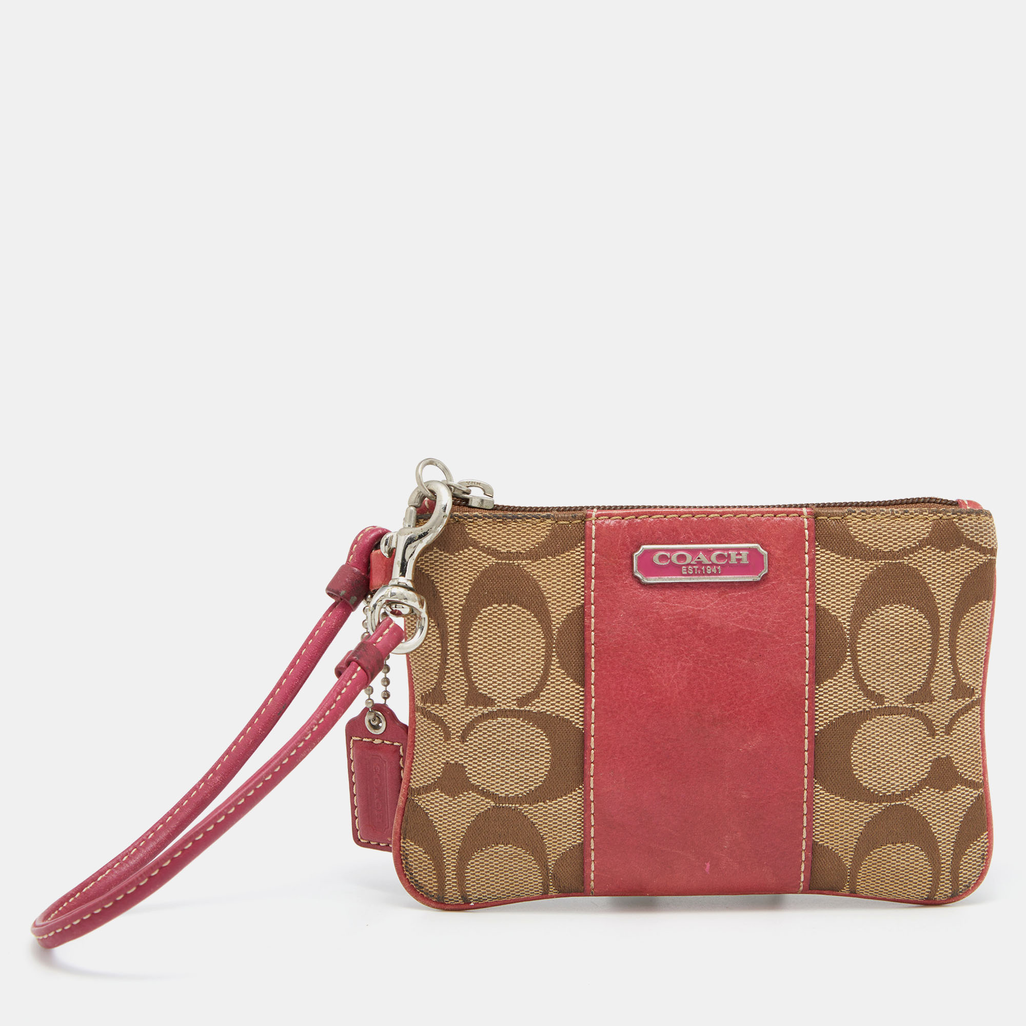 Pre-owned Coach Beige/pink Signature Canvas And Leather Wristlet Pouch