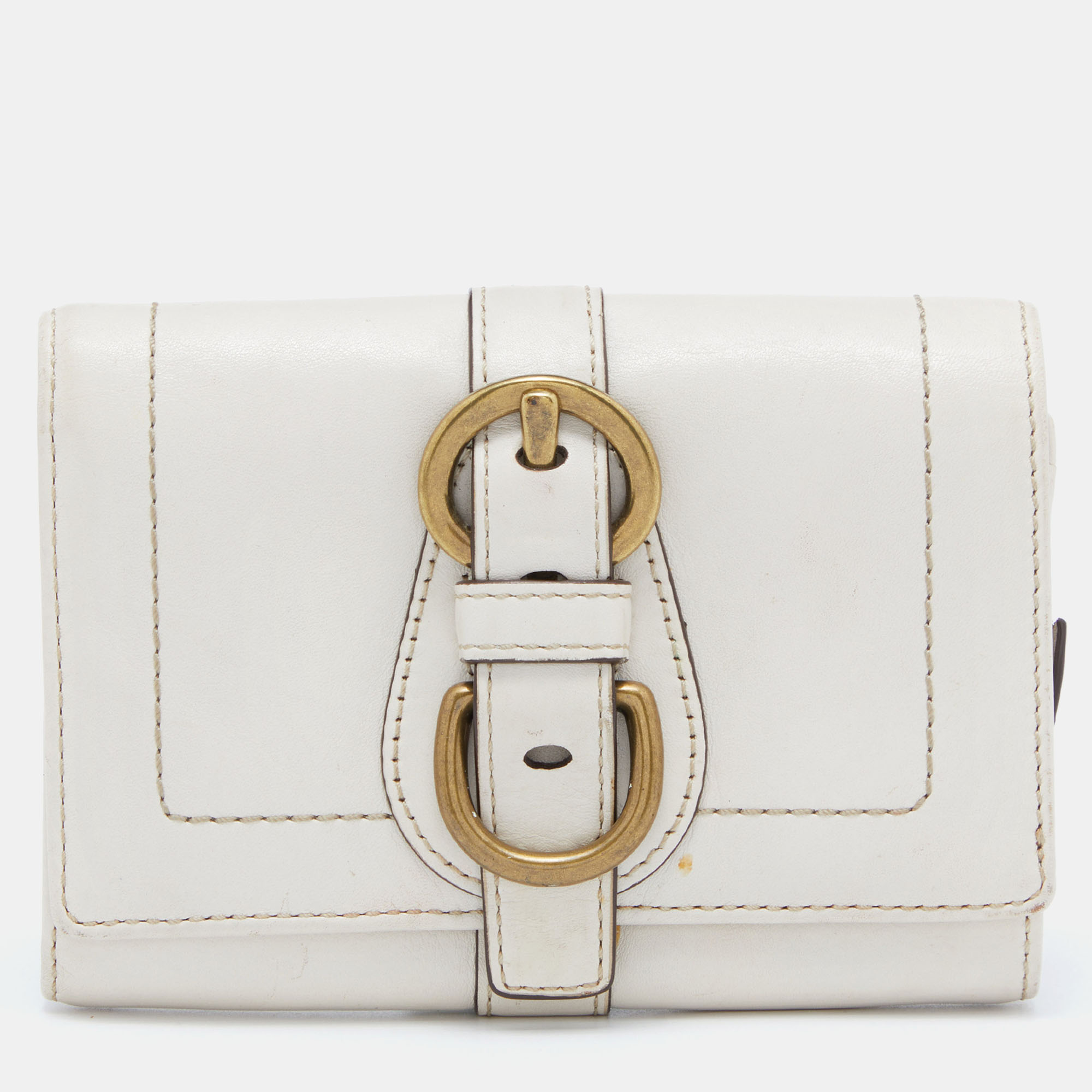 Pre-owned Coach Off White Leather Compact Wallet