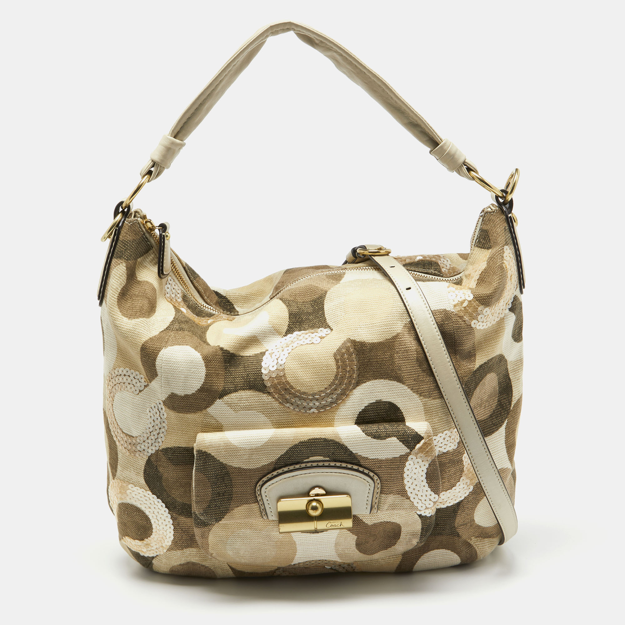 

Coach Beige/Gold Op Art Sequins, Canvas and Leather Kristin Hobo