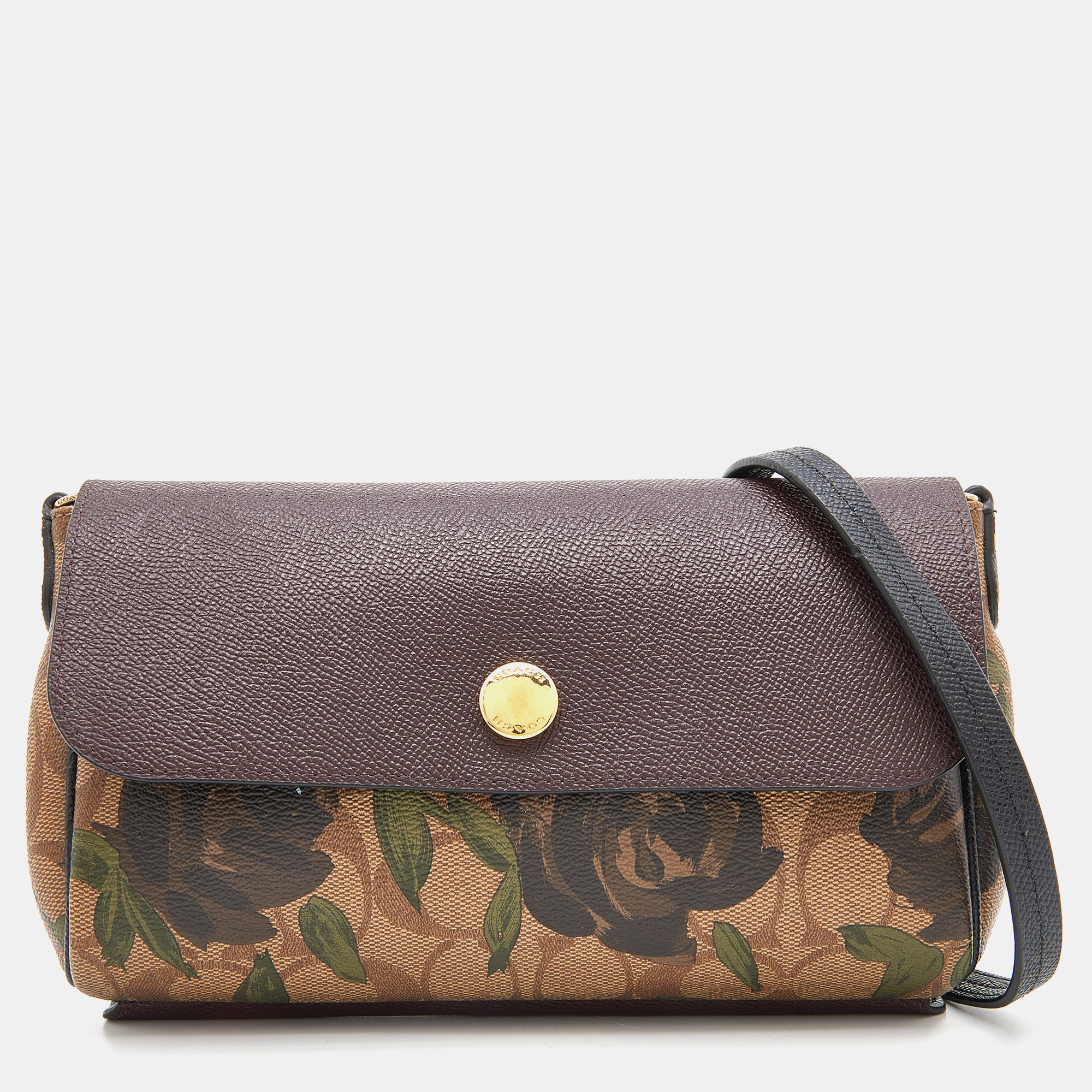 

Coach Black/Beige Signature Rose Print Coated Canvas and Leather Reversible Flap Crossbody Bag